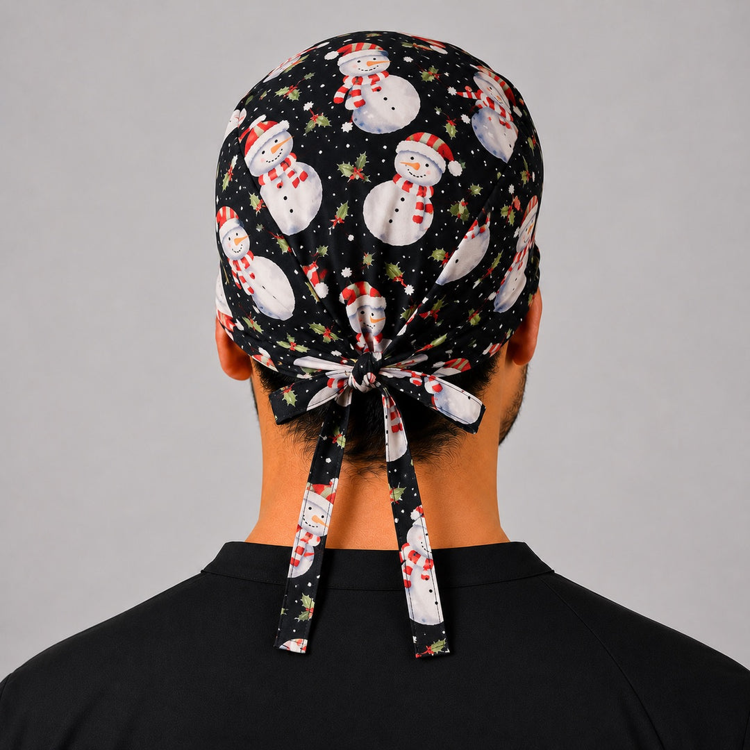Back view of adjustable tie-back knot on navy snowman Christmas scrub cap surgical hat for men