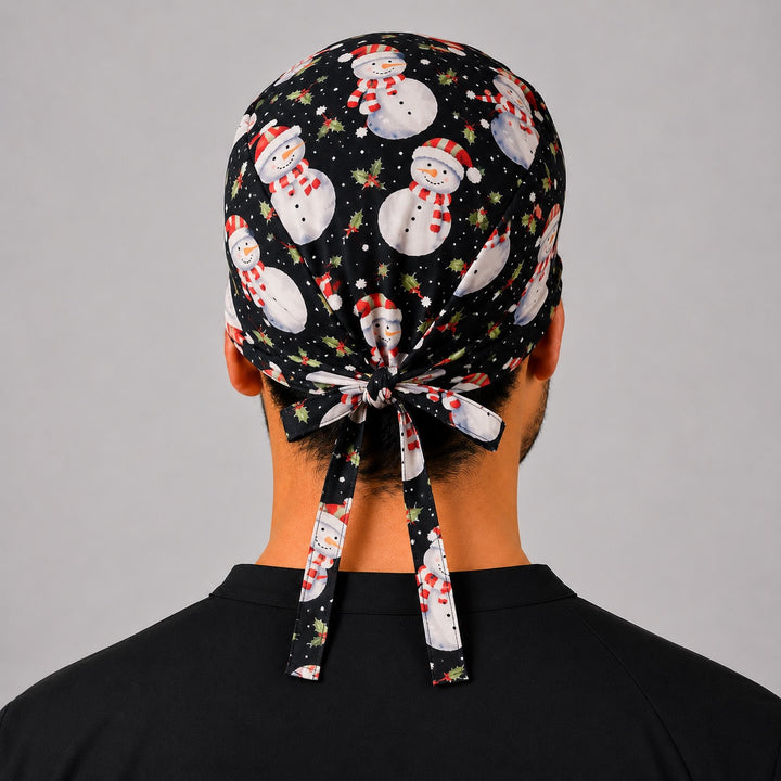 Back view of adjustable tie-back knot on navy snowman Christmas scrub cap surgical hat for men