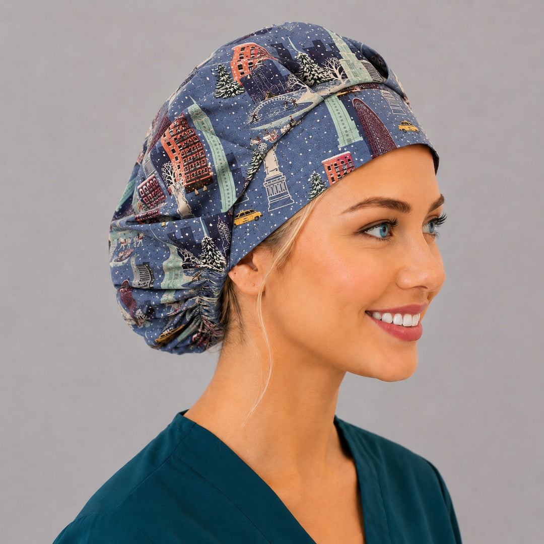 Right side profile of the snowy New York City bouffant surgical hat — brownstones, carriages and falling snow print, roomy breathable cotton cap for nurses