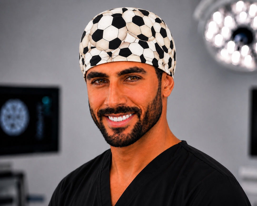 Soccer ball men's tie-back scrub cap, football sports OR surgical hat handmade in the USA for nurses and surgeons, front view