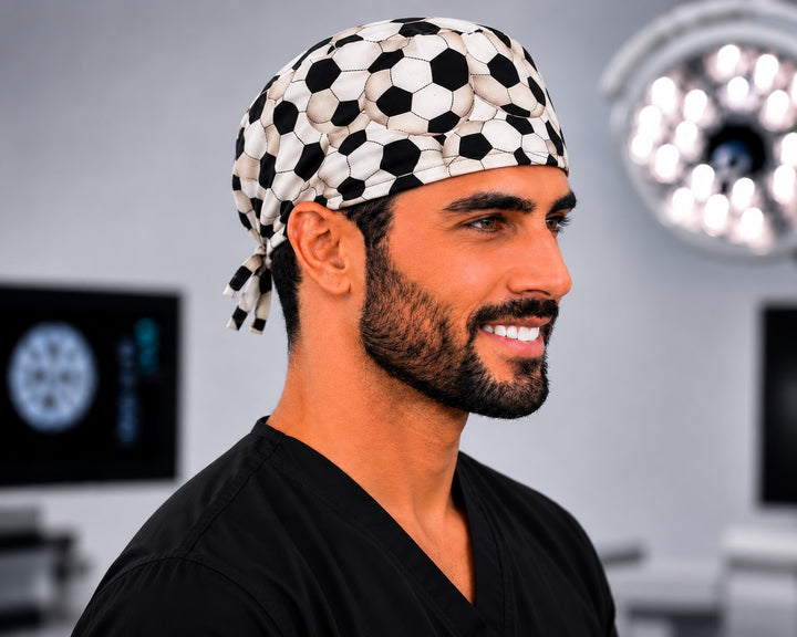 Soccer scrub cap and football sports surgical hat with black and white soccer balls, handmade men&
