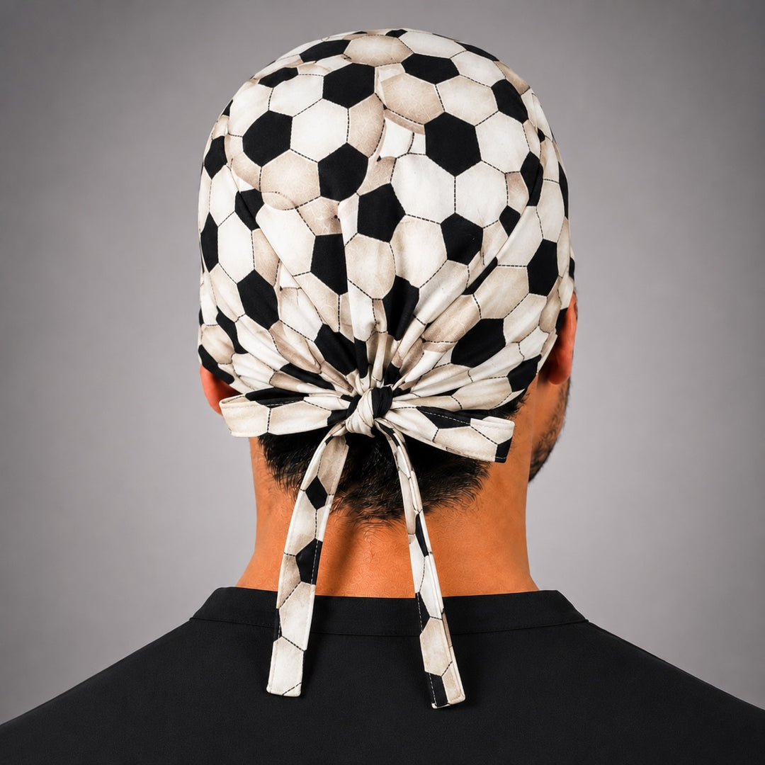 Back view of adjustable tie-back knot on soccer football sports scrub cap surgical hat
