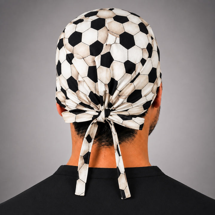 Back view of adjustable tie-back knot on soccer football sports scrub cap surgical hat