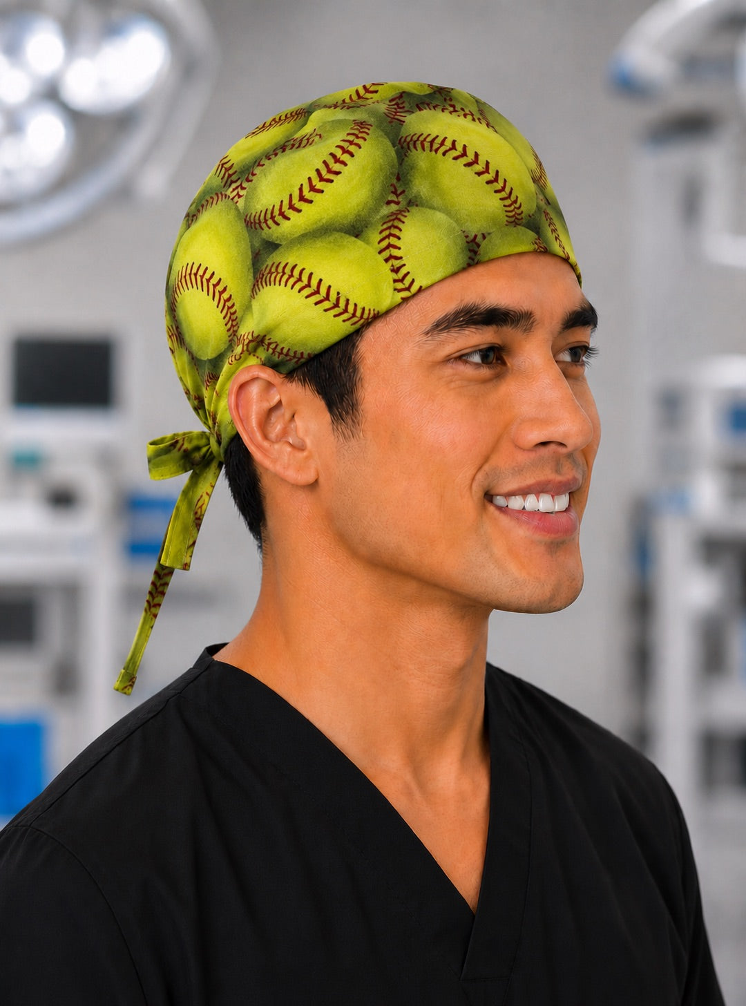 Softball scrub cap with yellow fastpitch softballs and red stitching, handmade men&