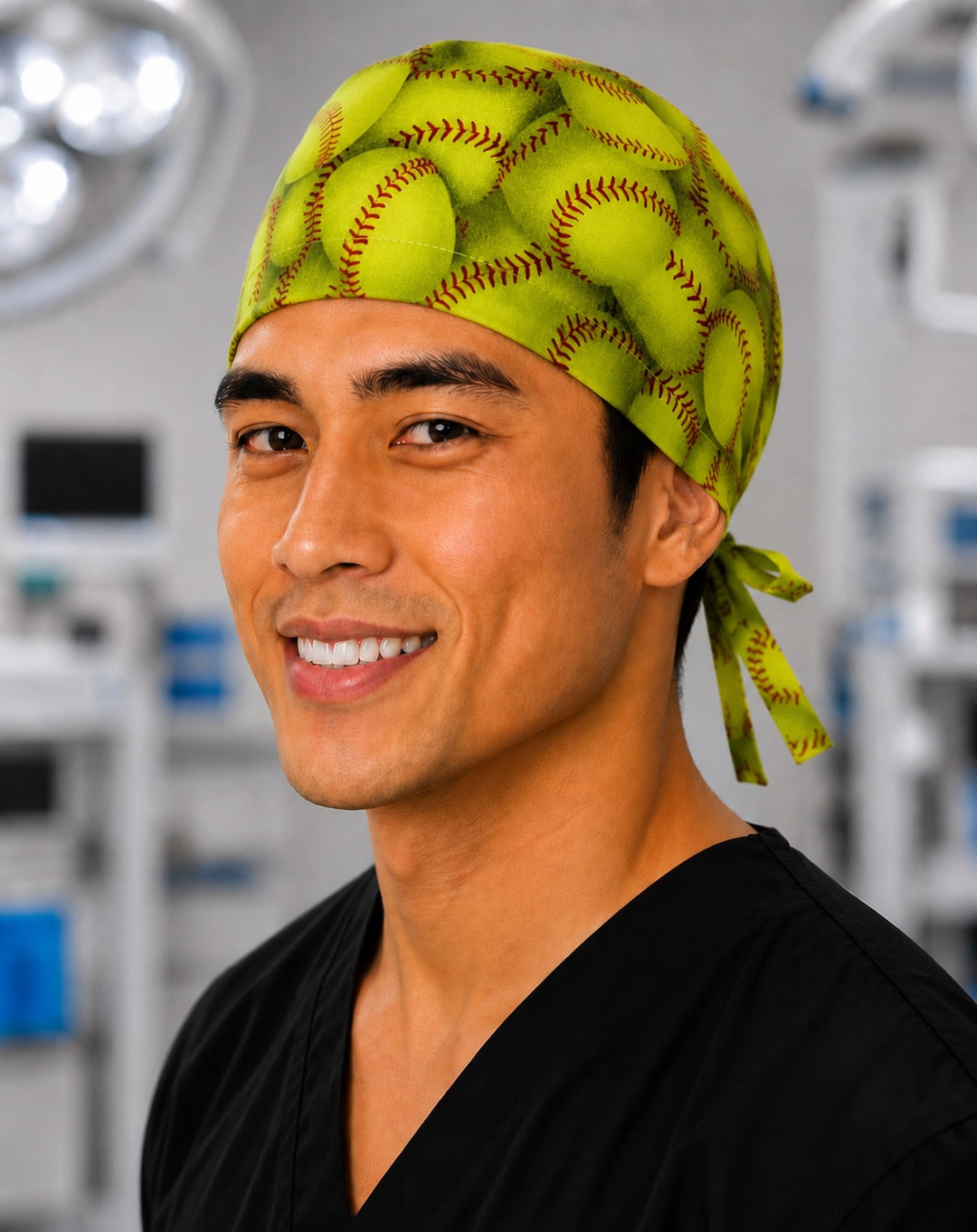 Three-quarter view of yellow softball fastpitch men's tie-back scrub cap, sports OR surgical hat handmade in the USA