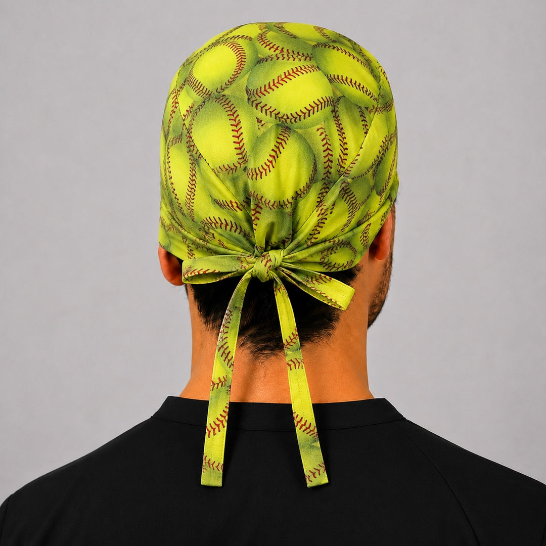 Back view of adjustable tie-back knot on yellow softball fastpitch scrub cap surgical hat for men