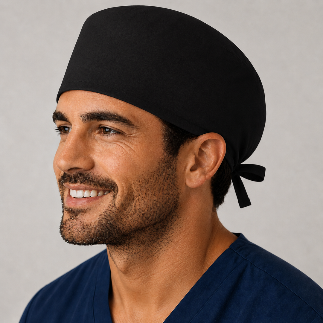 Side view of solid black tie-back scrub cap on a male model — handmade USA surgical hat for OR nurses, surgeons &amp; techs.