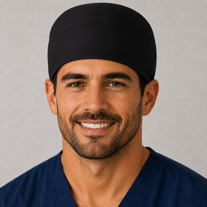 Profile view of solid black tie-back surgical cap on a male model — handmade-in-USA men&
