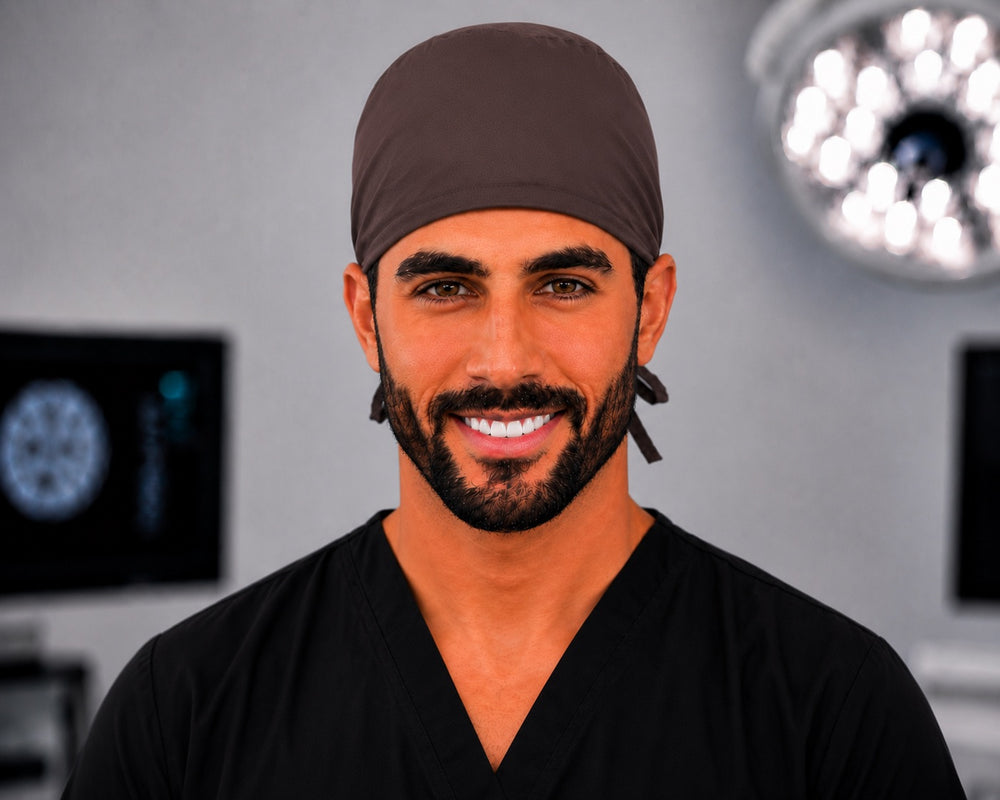 Solid brown scrub cap, handmade men's tie-back surgical hat in plain chocolate brown on male OR nurse, front view