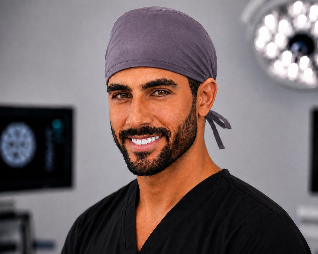 Solid grey men's gray surgical scrub cap on smiling male surgical tech, front view handmade in the USA