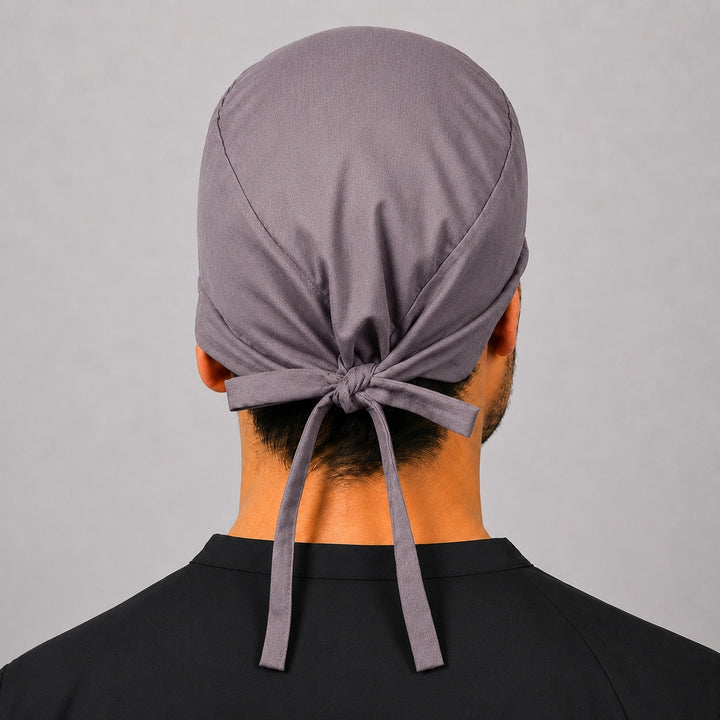 Back view of adjustable tie-back knot on solid grey men&