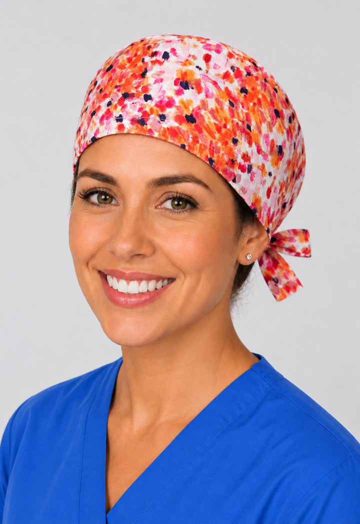Speckled watercolor floral surgical hat with side tie, OR cap worn by a nurse and suited to midwives
