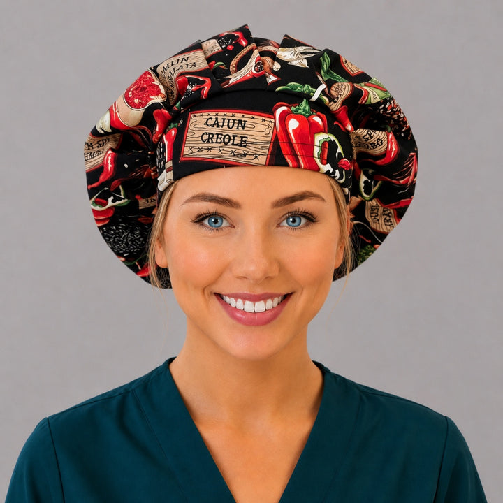 Woman wearing a spicy foodie bouffant scrub cap, front view — Cajun Creole chili peppers, hot sauce and crawfish on black, adjustable women&