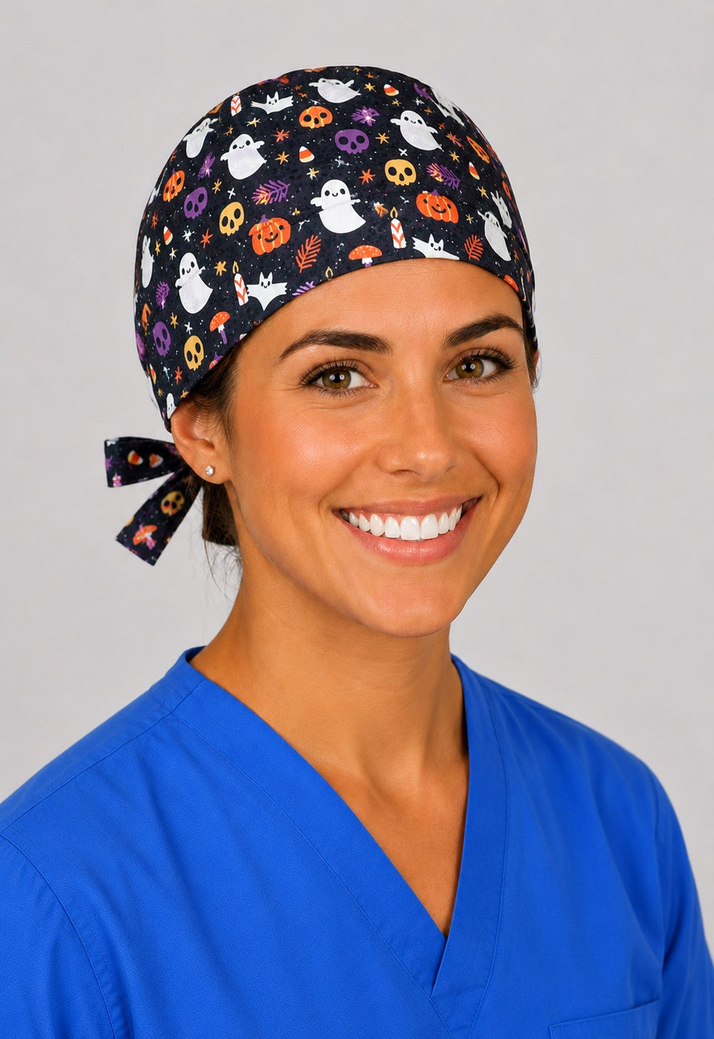 Back knot and ties on spooky ghost pumpkin scrub cap, unisex Halloween OR hat shown from behind