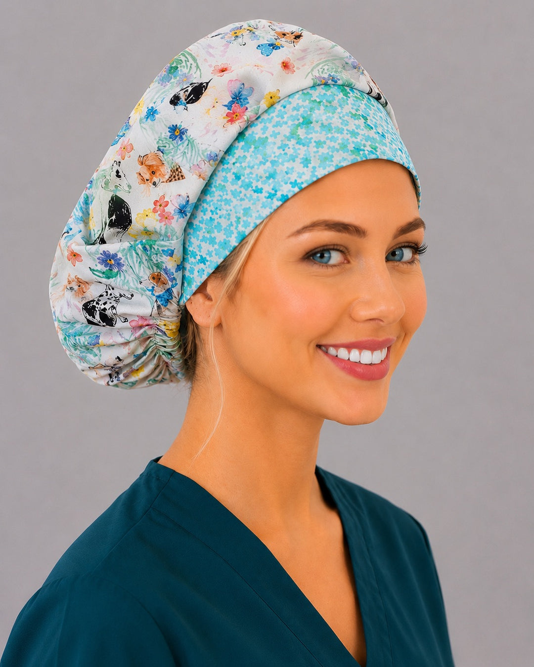 Spring dog and bunny bouffant surgical cap for women, three-quarter smiling view — Easter puppy floral bouffant scrub hat, breathable cotton