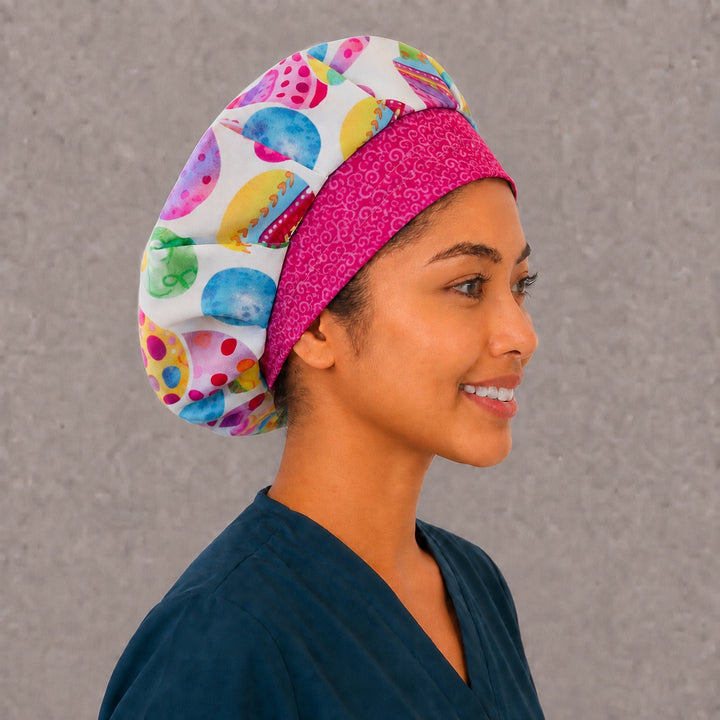 Spring egg bouffant cap for women, right side profile — handmade decorated Easter egg surgical cap, USA made