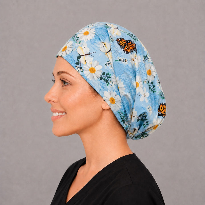 Spring floral butterfly Euro cap for women, left side profile — handmade daisy surgical cap, USA made