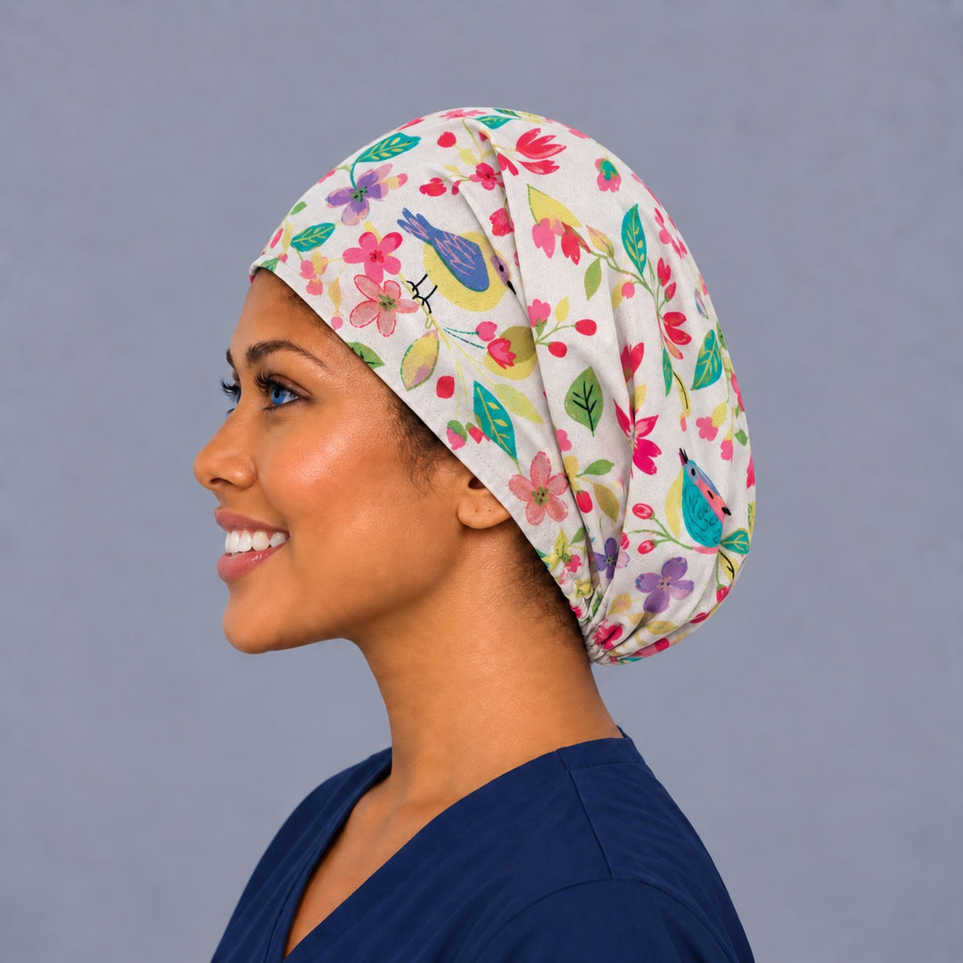 Spring flower and bird Euro cap, left side profile — handmade garden print surgical cap, USA made