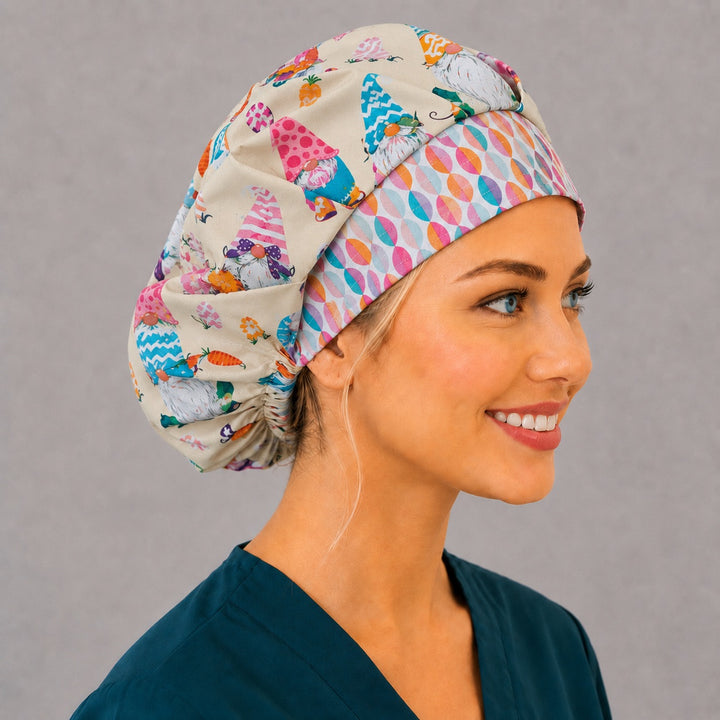 Side view of the spring gnome bouffant surgical hat — Easter gnomes with carrots and eggs, pastel egg contrast band, roomy cotton cap