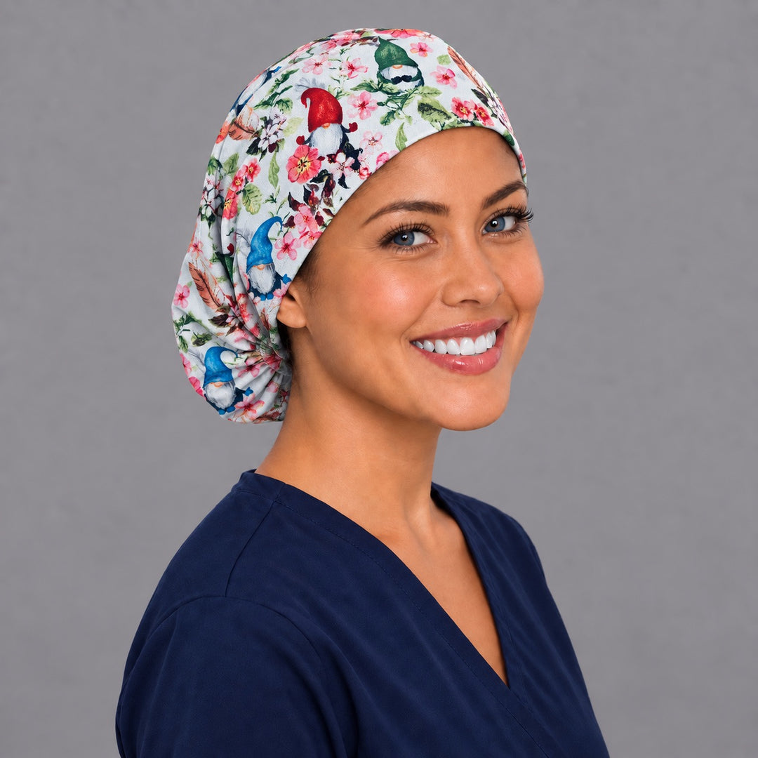 Spring gnome Euro scrub cap, right angled smiling view — red and blue gnome hats for OR nurses and surgical techs