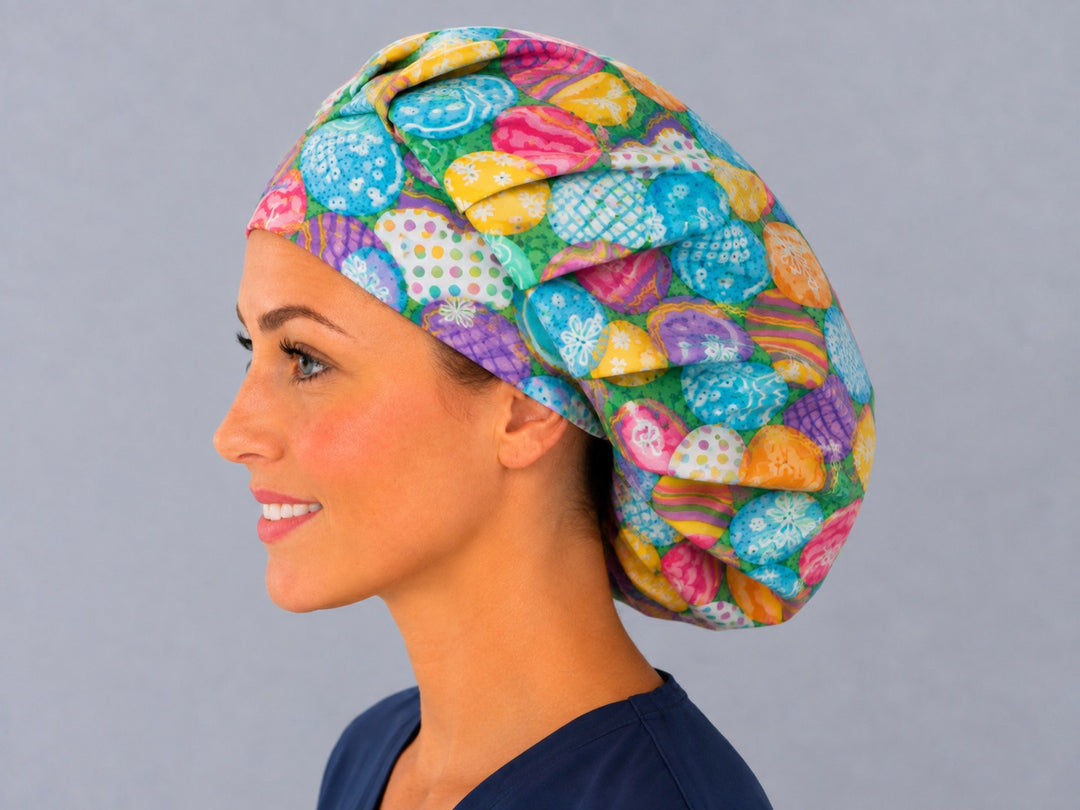 Spring holiday egg bouffant cap for women, left side profile — handmade Easter surgical cap, USA made