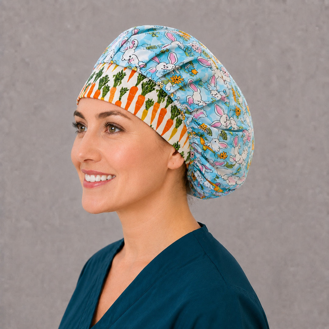 Left side profile of the spring rabbit bouffant surgical hat — aqua gingham bunny print with carrot band, roomy breathable cotton cap for nurses