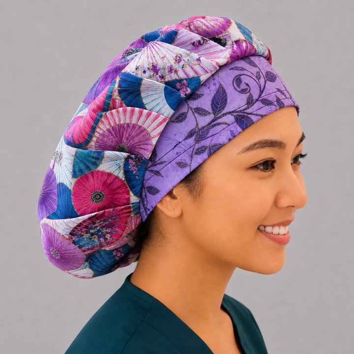 Spring umbrella bouffant cap for women, right side profile — handmade floral parasol surgical cap, USA made