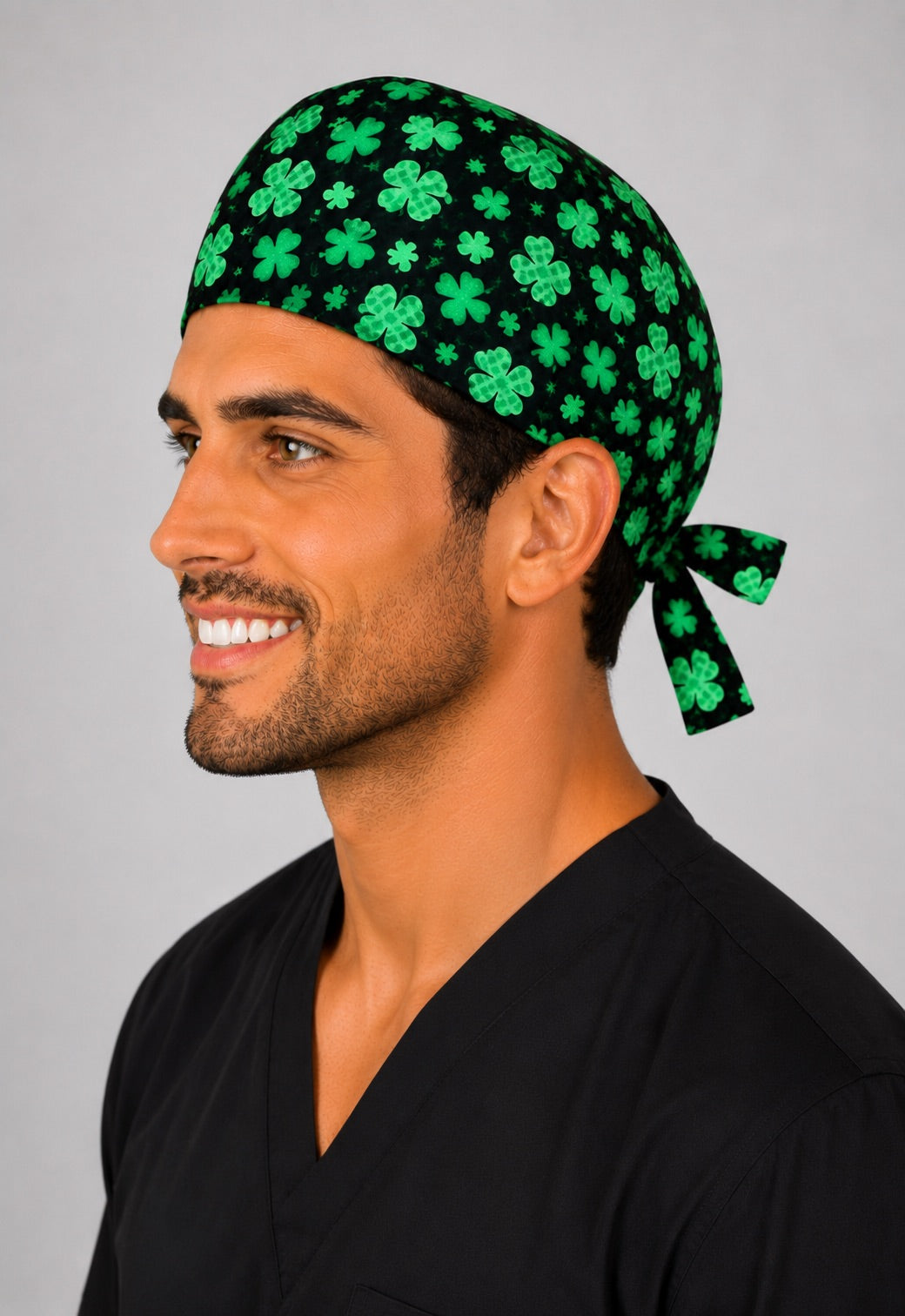 Right profile of St. Patrick's green clovers men's scrub cap, adjustable tie-back lucky surgical hat for surgeons and techs