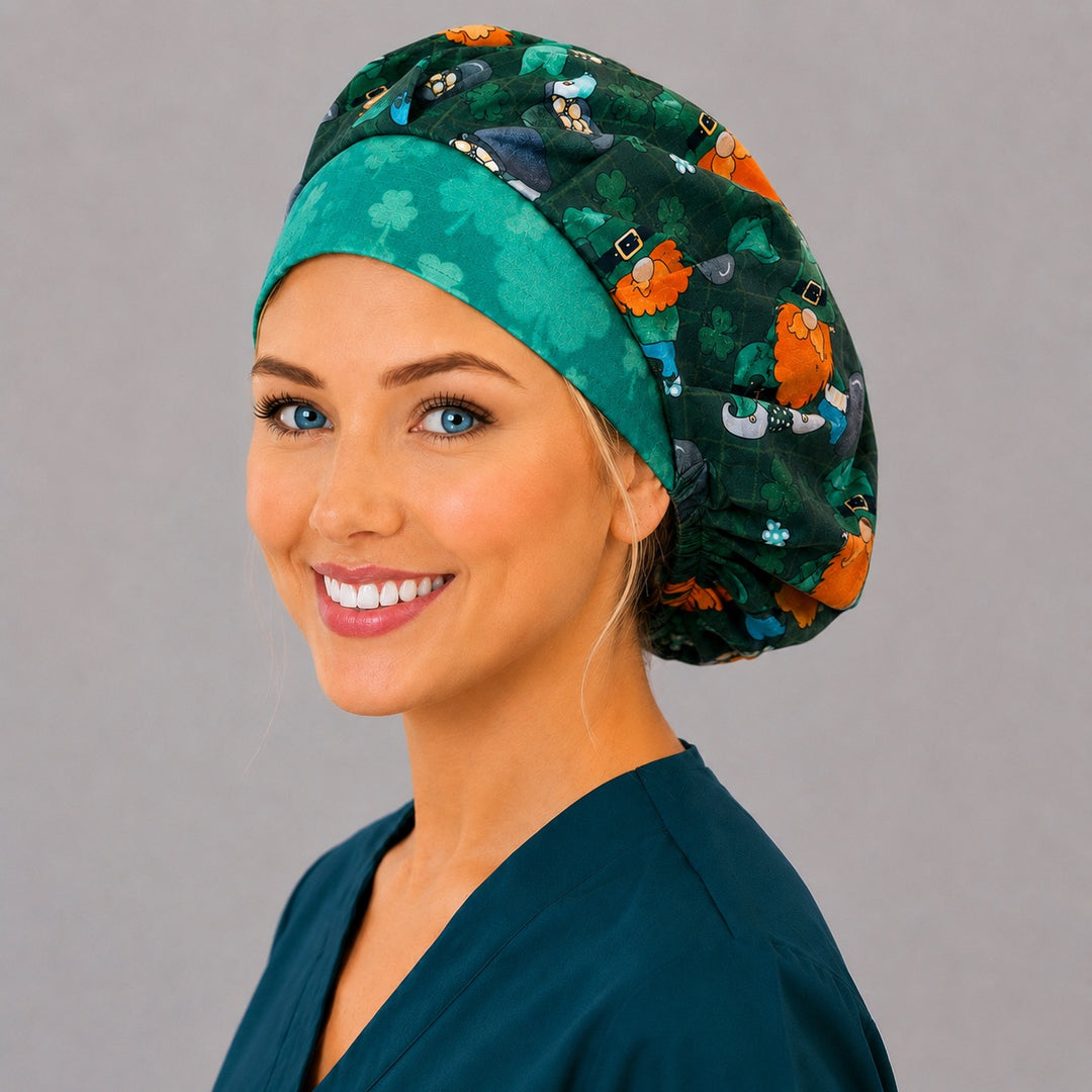 Back view of the St. Patrick's Day gnome bouffant scrub cap — full gathered coverage showing gnomes, pots of gold and shamrocks on forest green