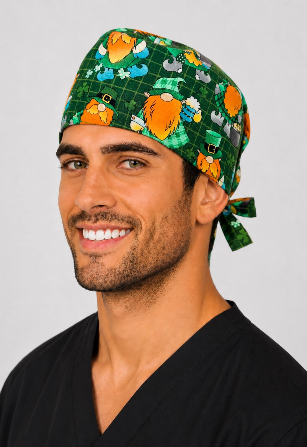 Left profile of St. Patrick's gnome shamrock men's tie-back scrub cap, festive Irish OR surgical hat handmade in the USA