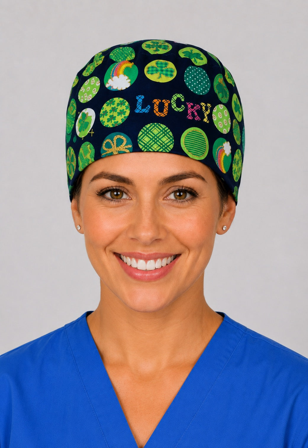 Back view of adjustable tie-back knot on navy St. Patrick&