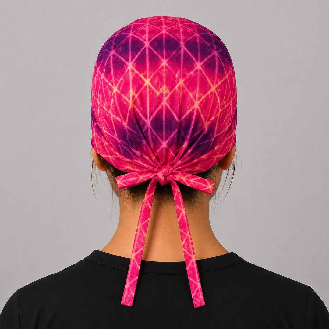 Back view of adjustable tie-back knot on pink and purple starlight unisex surgical hat