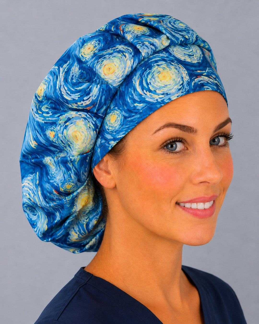 Starry Night bouffant surgical cap for long hair, right side profile — deep gathered fit that secures thick or braided hair