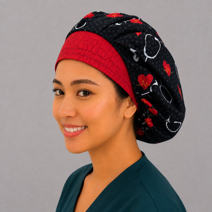 Stethoscope and heart bouffant scrub cap with red band, left angled view — gold EKG lines on black, cardiology nurse gift