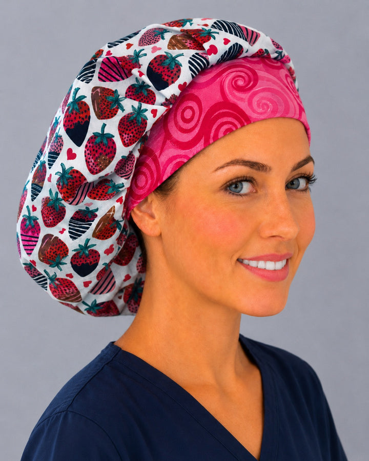 Strawberry and heart bouffant cap for women, angled smiling view — handmade Valentine&