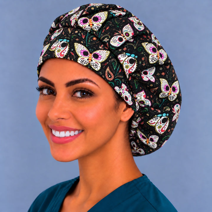 Sugar skull bouffant scrub cap, right angled smiling view — teal and paisley detail for OR nurses and surgical techs