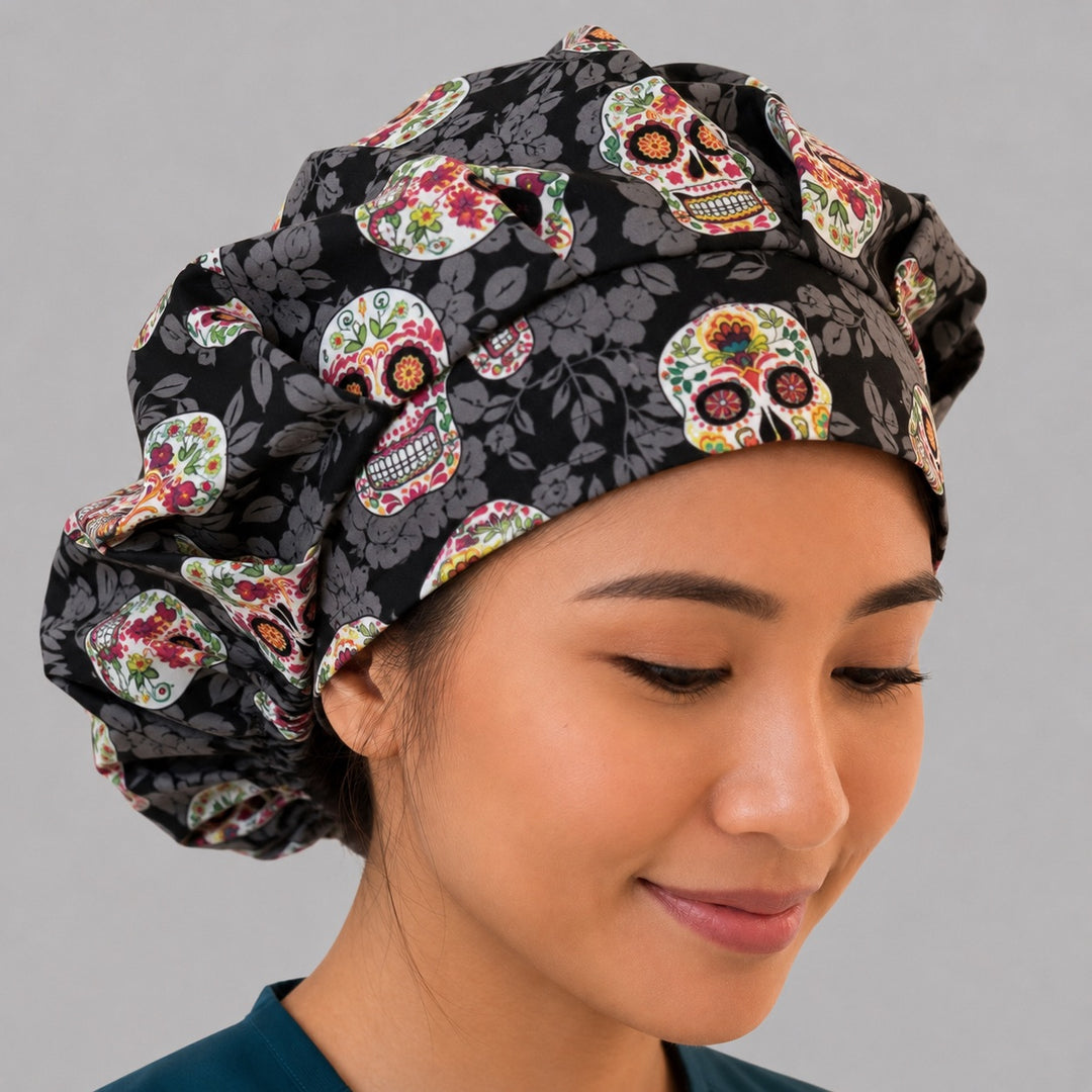 Sugar skull bouffant surgical cap right side profile showing Day of the Dead floral skulls on black floral, OR World nurse hat