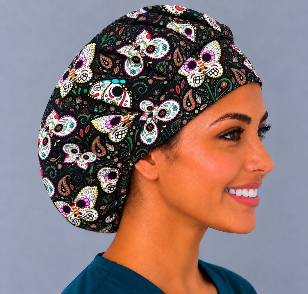 Right side profile of the Sugar Skull Butterfly bouffant cap — gathered fit for thick or long hair, breathable cotton