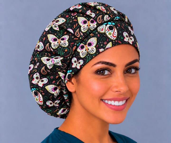 Sugar Skull Butterfly bouffant scrub cap, front angled view — gathered crown showing full skull butterfly print