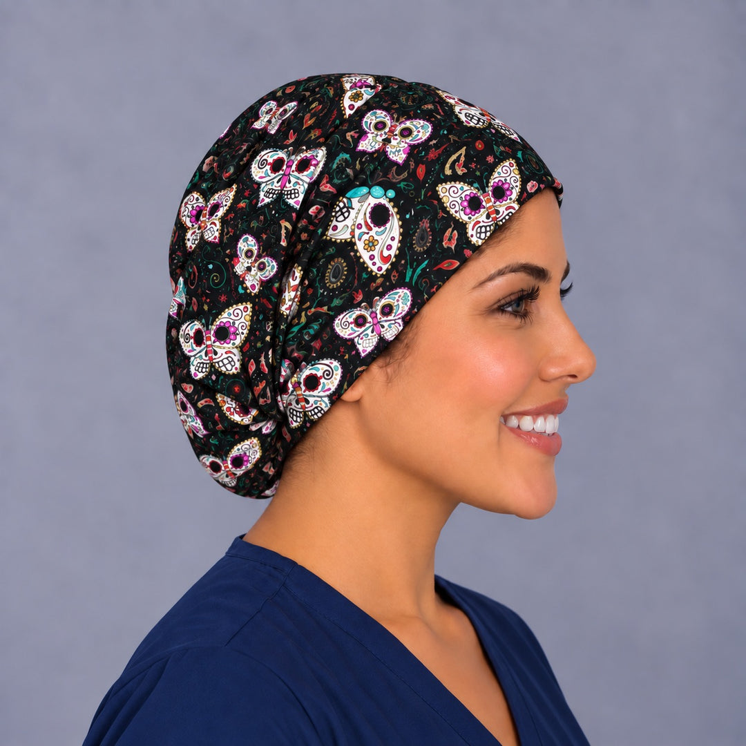 Sugar skull butterfly Euro scrub cap, right angled view — pink and gold skull print for OR nurses and surgical techs