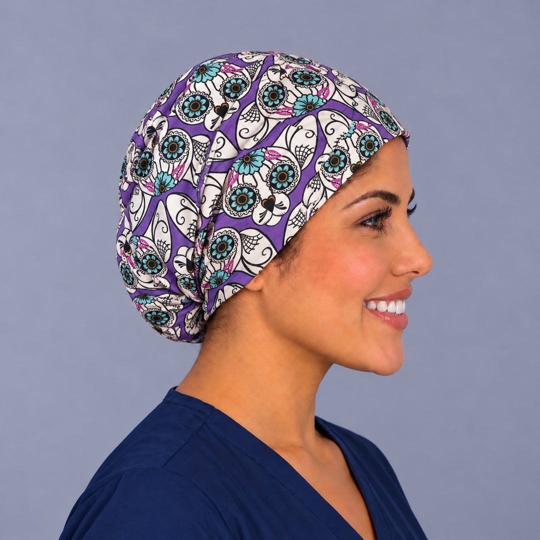 Right profile of the sugar skull cat Euro cap for women, gathered elastic back securing short or medium hair