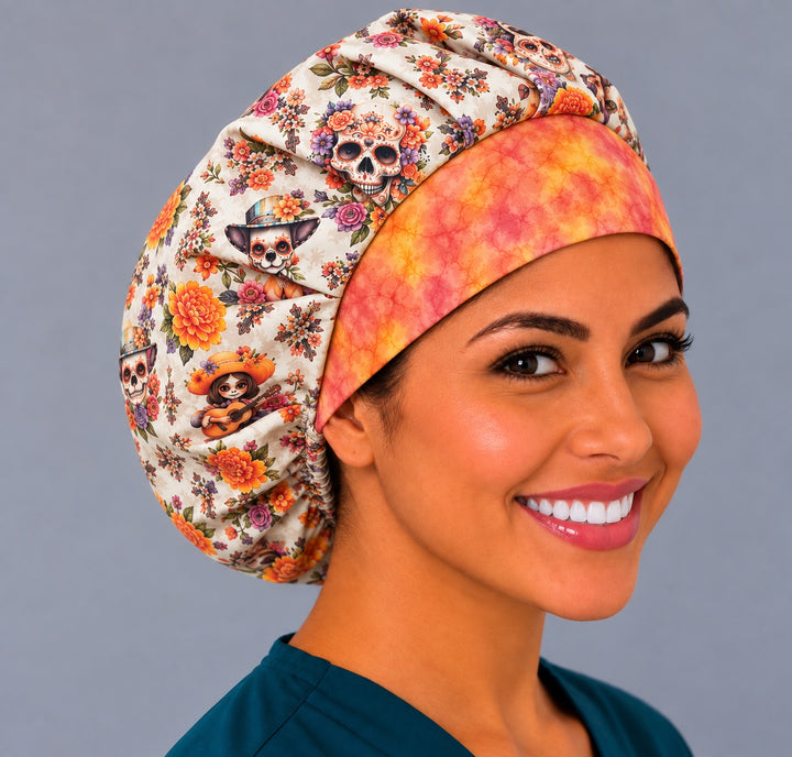 Sugar skull guitar girl bouffant scrub cap, right side view — calaverita and cross print for OR nurses and surgical techs