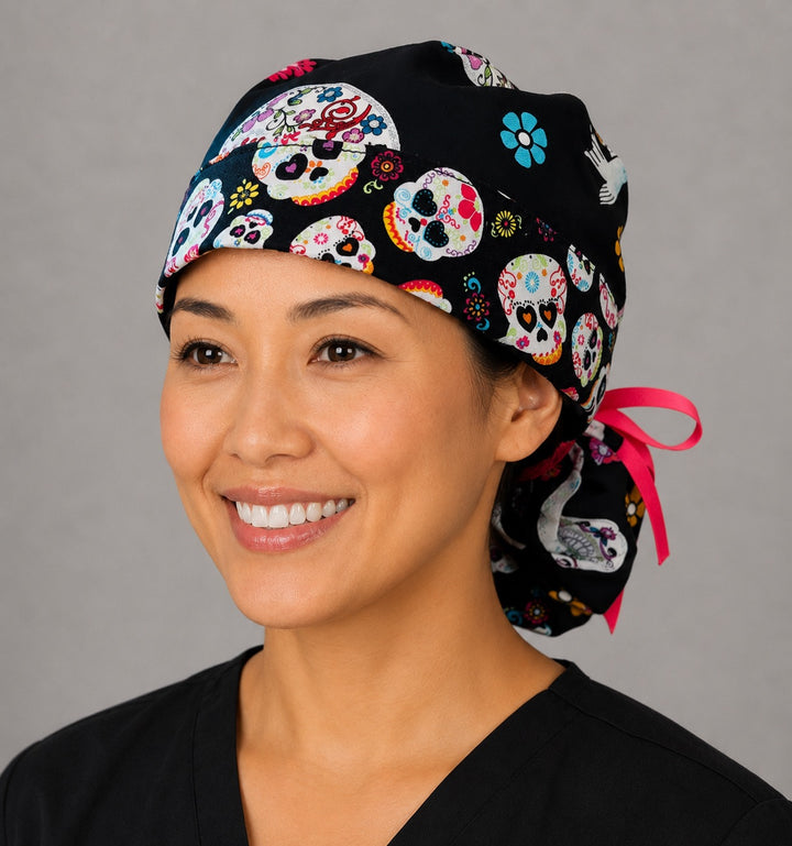 Sugar skull ponytail nurse cap left angle showing front band of colorful Day of the Dead skulls, birds and flowers on black with hot pink ribbon tie