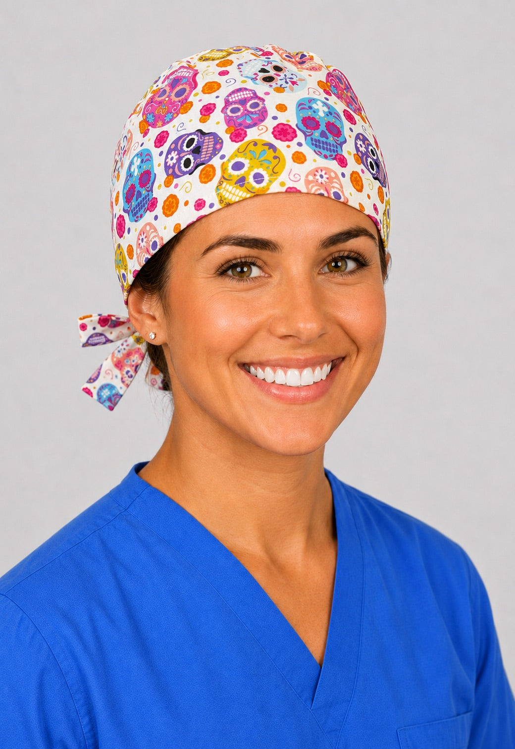 Back view of adjustable tie-back knot on Day of the Dead sugar skull unisex surgical hat
