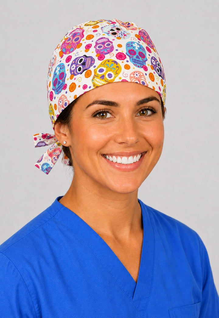 Back view of adjustable tie-back knot on Day of the Dead sugar skull unisex surgical hat