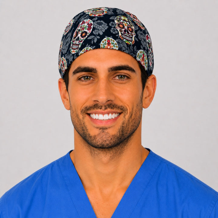 Back view of the sugar skull tie-back scrub cap — Day of the Dead floral skull print, Halloween OR nurse cap, adjustable fit