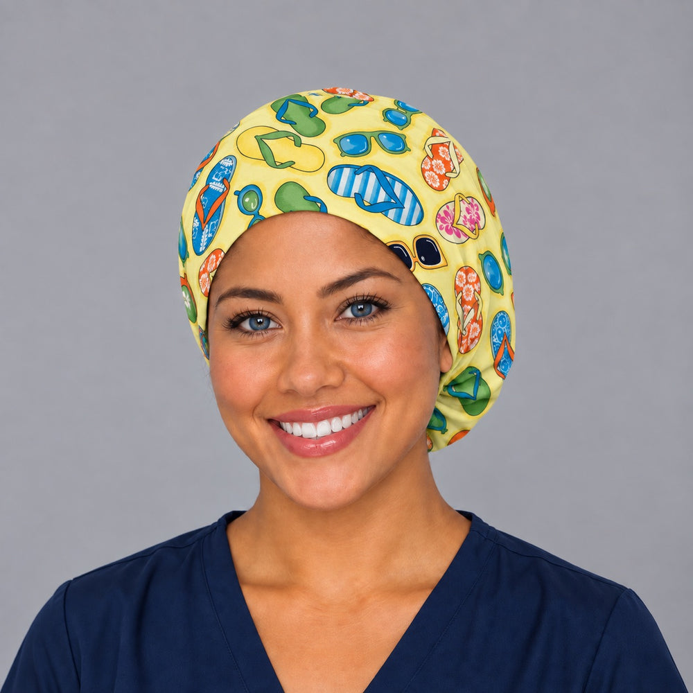 Right side profile of the summer beach Euro surgical hat — striped and floral flip flop print, breathable cotton cap for nurses