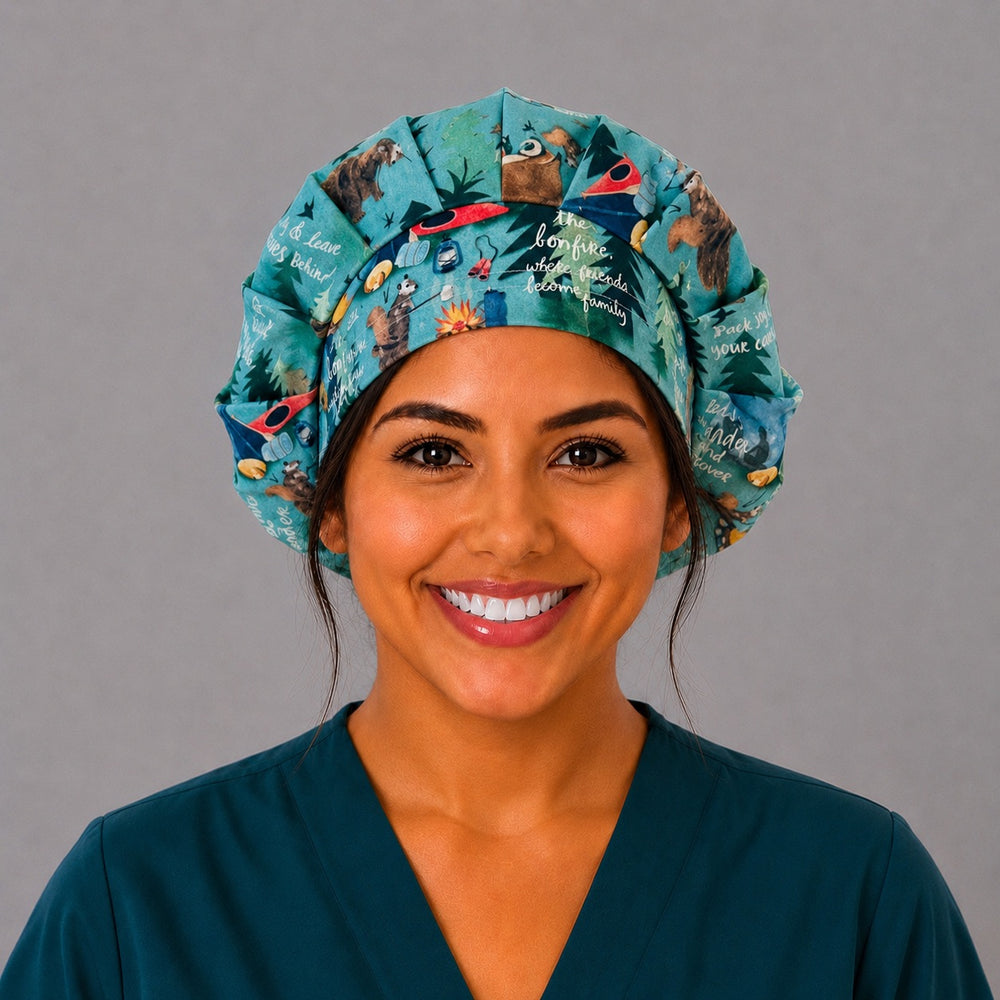 Summer camping bouffant scrub cap for women, front view, teal woodland print with campers, tents, kayaks and pine trees, handmade surgical hat by OR World