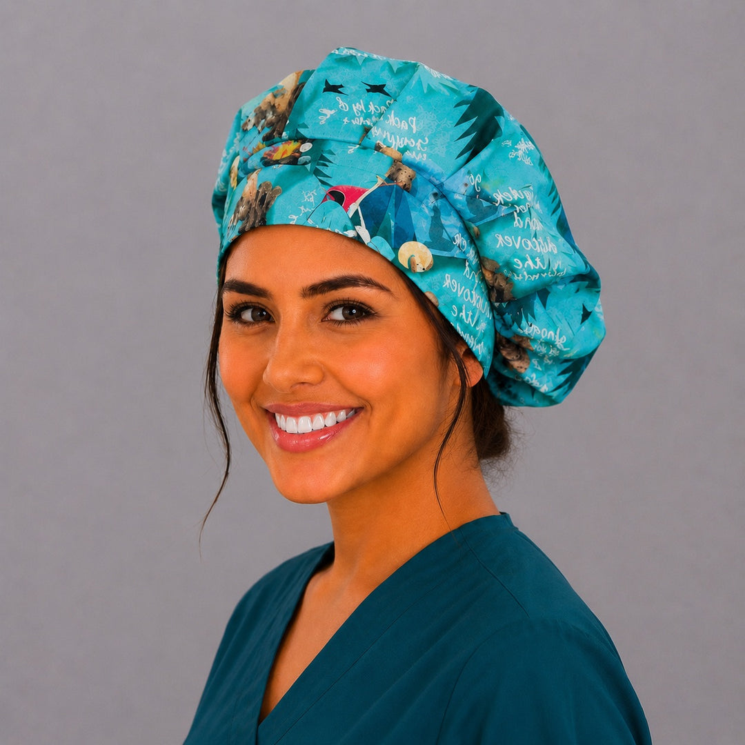 Summer camping bouffant scrub cap right side profile showing teal woodland print with tents, campers and pine trees, women's surgical hat OR World