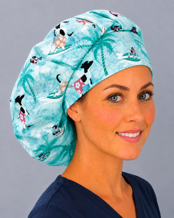 Summer surf dog bouffant surgical cap, side view — tropical mint print bouffant hat, great gift for vet techs and veterinary teams
